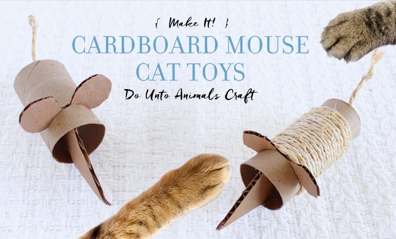 Make It! Cardboard Mouse Cat Toys Do Unto Animals Craft Featured Image with finished cat toys and cat paws playing with them