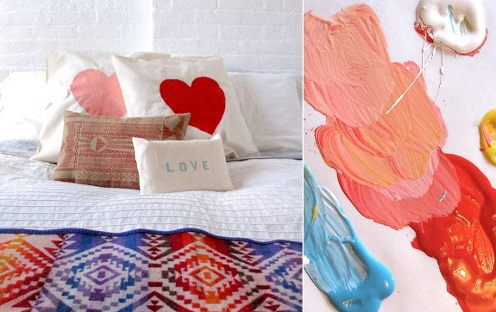 A collection of pillows on a neat bed, two of which feature large hearts. A second picture is of paint ranging from red to pink.